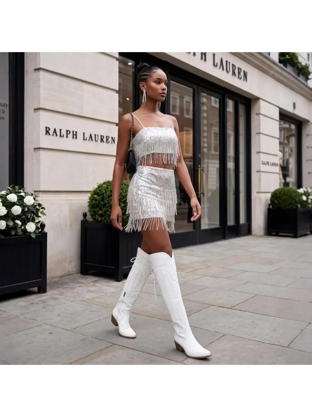 Women White Embroidered Zipper Block Heel Wide Calf Over-the-knee Cowboy Boot
